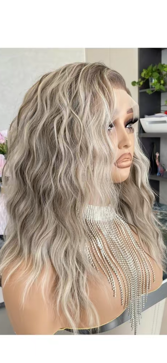 CARKIRA - Tammy - Ash Blonde with Brown Highlight Water Wave- 13x4 Lace Front - Medium Cap - FREE SHIPPING