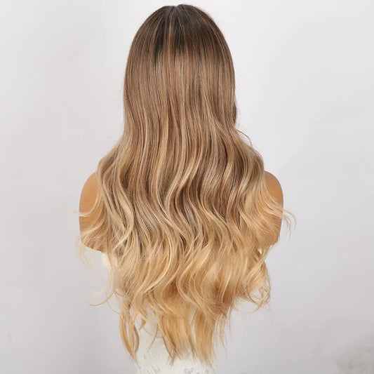 26-Inch Brown Gradient Long Wavy Curly Wig with Bangs Heat Resistant Synthetic