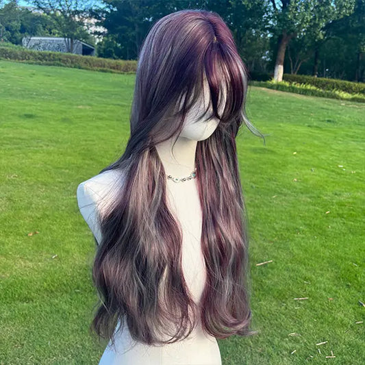 28 Inch Highlight Grey with Burgundy Long Wavy with Bangs Synthetic Wig/SM535-2