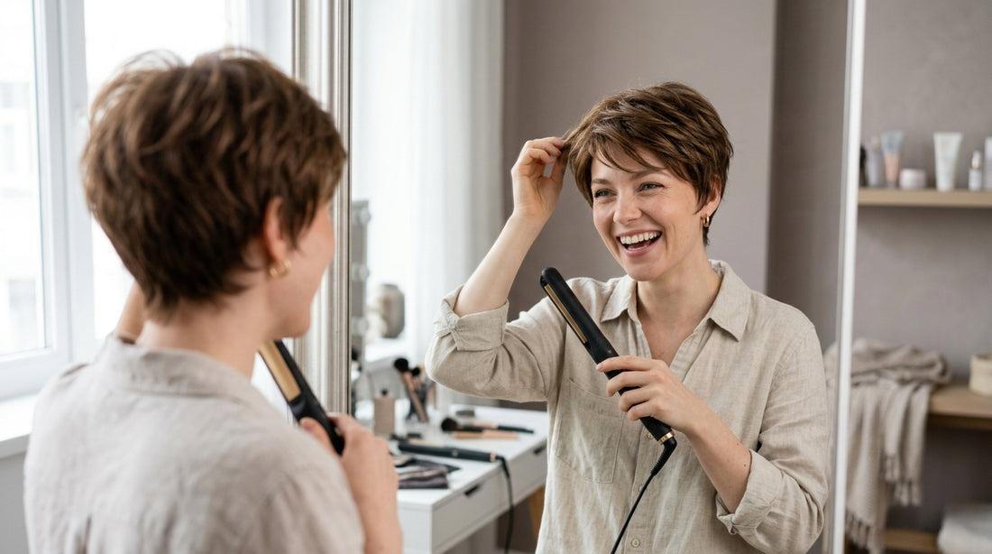 Woman shaping a short textured brunette pixie wig at a mirror while learning to style a pixie wig.