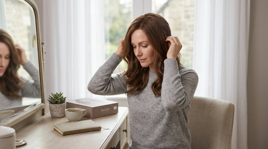 Woman examining a shoulder-length brunette wig cap at a vanity while choosing the best wig cap for medical hair loss.