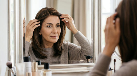 Woman adjusting the part line of a honey blonde wavy wig at a mirror — wig fit tips for a natural look.