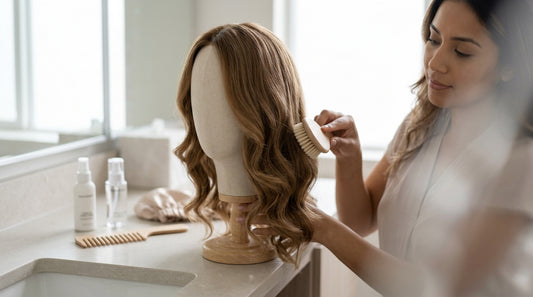 Woman using a wide-tooth comb on a honey-blonde wavy wig at her vanity for gentle wig maintenance.