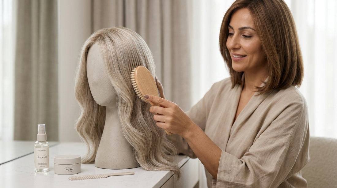 Woman adjusting the inner straps of a honey-blonde curly wig on a mannequin head — tighten a stretched-out wig cap at home.