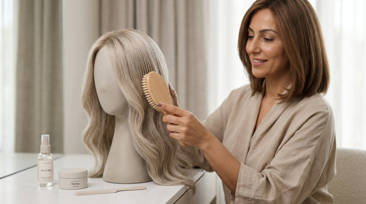 Woman adjusting the inner straps of a honey-blonde curly wig on a mannequin head — tighten a stretched-out wig cap at home.