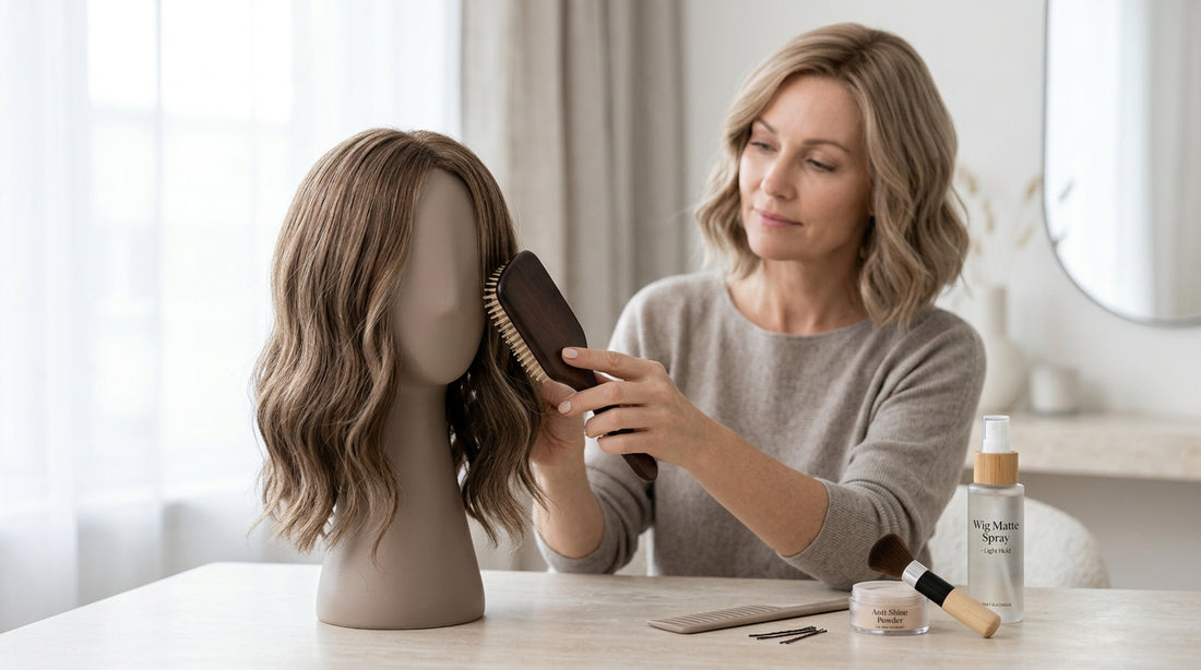 Woman misting dry shampoo onto a chestnut brown wig on a stand to make a shiny wig look more matte.