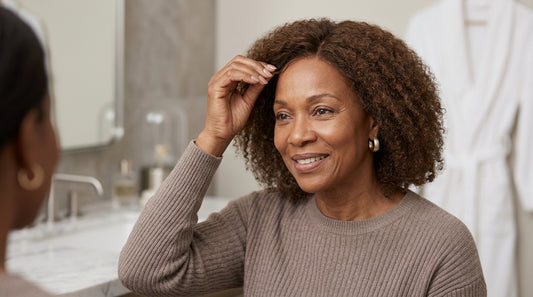 Woman examining the lace hairline of a honey-blonde wig — understanding what bleaching the knots means for a natural wig fit