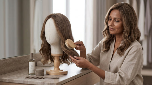 Woman applying serum to the ends of a long honey-blonde wavy wig at a vanity — wig care tips to stop ends frizzing