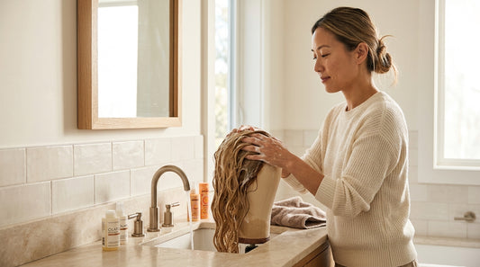 Woman gently cleaning a mid-back honey-blonde wig on a mannequin — are pre-owned wigs sanitary everyday care.