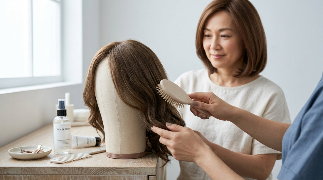 Woman using the boiling water method on a long brunette synthetic wig at home for wig maintenance and care.