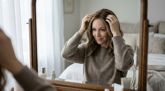 Woman choosing between two wigs on stands at her dresser — rotating wigs to extend lifespan and protect natural edges.
