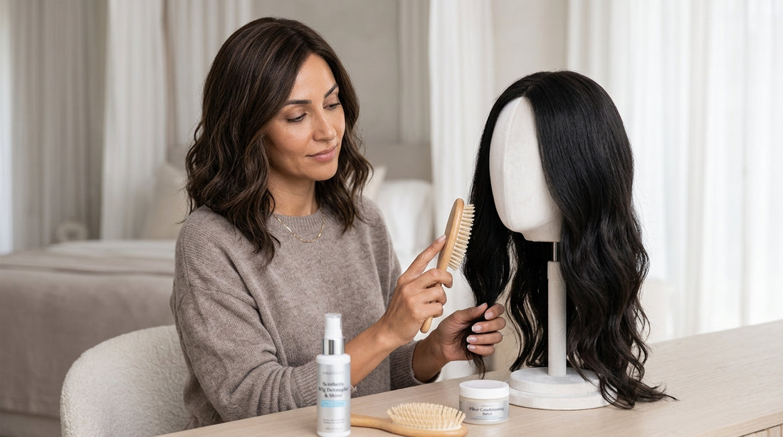 Woman misting a honey blonde synthetic wig on a stand — what to use instead of olive oil on a synthetic wig.
