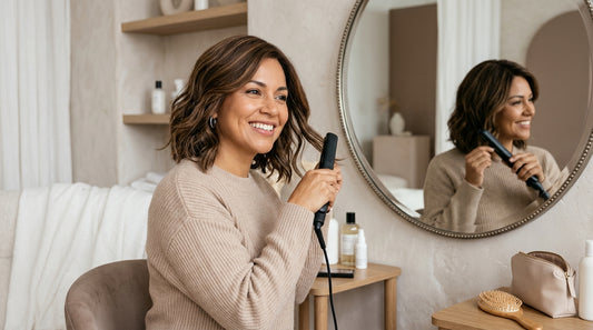 Woman comparing two wigs at a styling table, exploring how to combine two old wigs into one custom look.