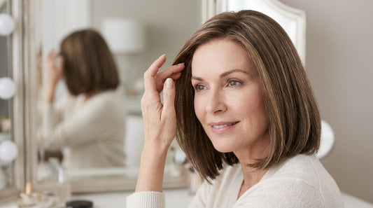 Woman adjusting her shoulder-length brunette wig at a vanity to relieve a wig causing headaches from pressure.