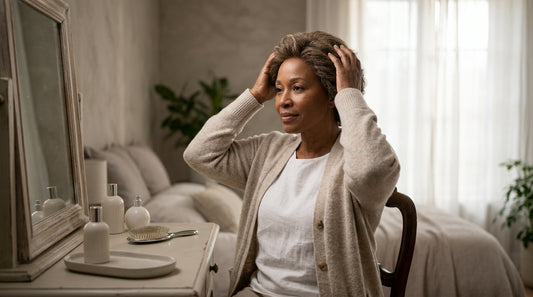 Woman in a shoulder-length brunette wig reviewing documents at home, exploring insurance coverage cranial prosthesis options.
