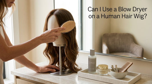 Woman blow drying a honey-brown wavy wig on a stand at her vanity, showing how to use a blow dryer on a human hair wig safely.