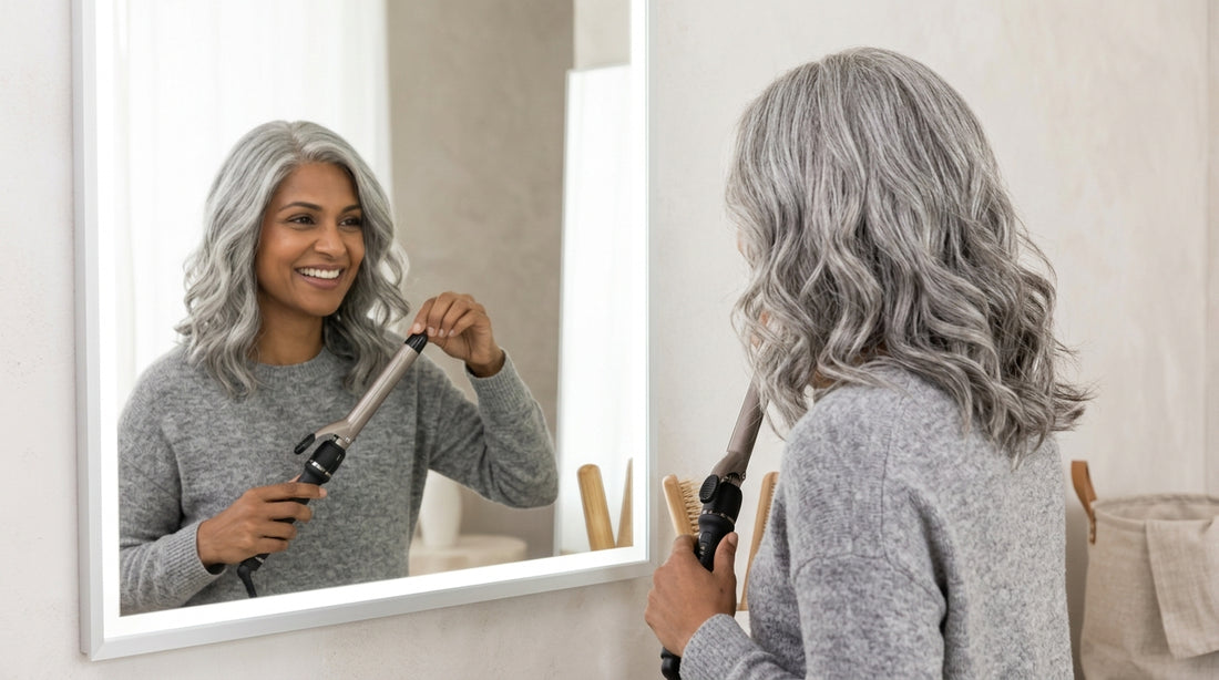 Woman trying on a shoulder-length silver wig at a styling mirror, showing you can wear a gray wig if you're not gray yet.