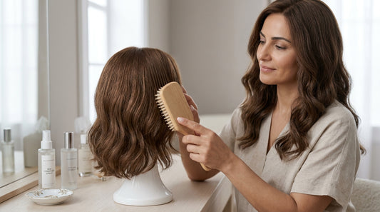 Woman placing a short honey-blonde headband wig on a stand after a workout — wig care tips for active lifestyles.