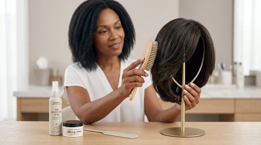Woman applying conditioning spray to a honey-blonde synthetic wig on a stand — humidity affect synthetic wigs care routine