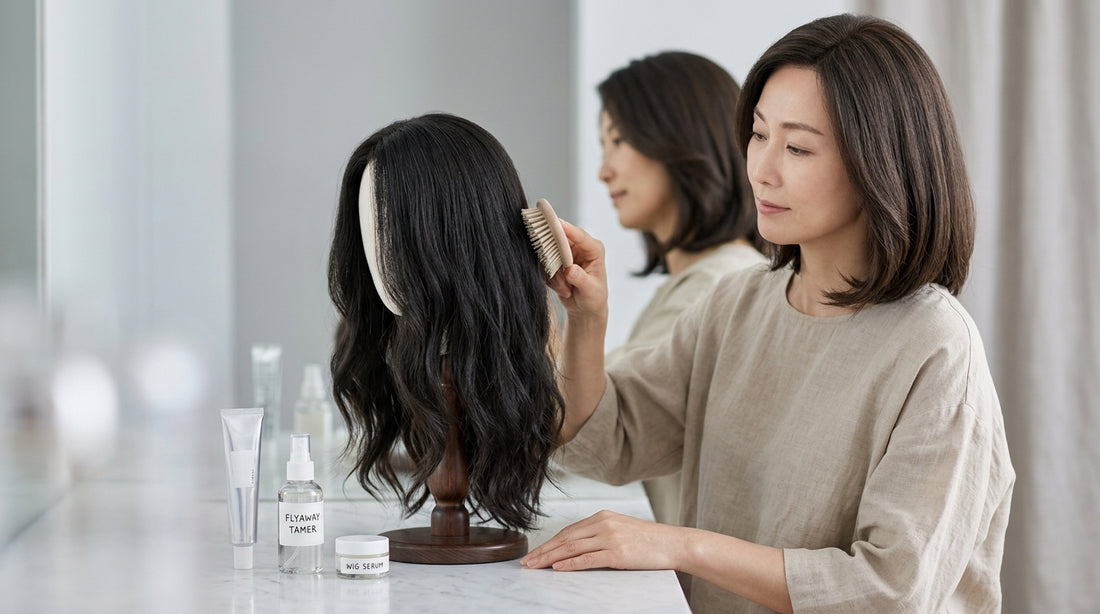 Woman smoothing the hairline of a honey blonde wig with an edge brush at her vanity, using a flyaway tamer.
