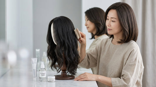 Woman smoothing the hairline of a honey blonde wig with an edge brush at her vanity, using a flyaway tamer.
