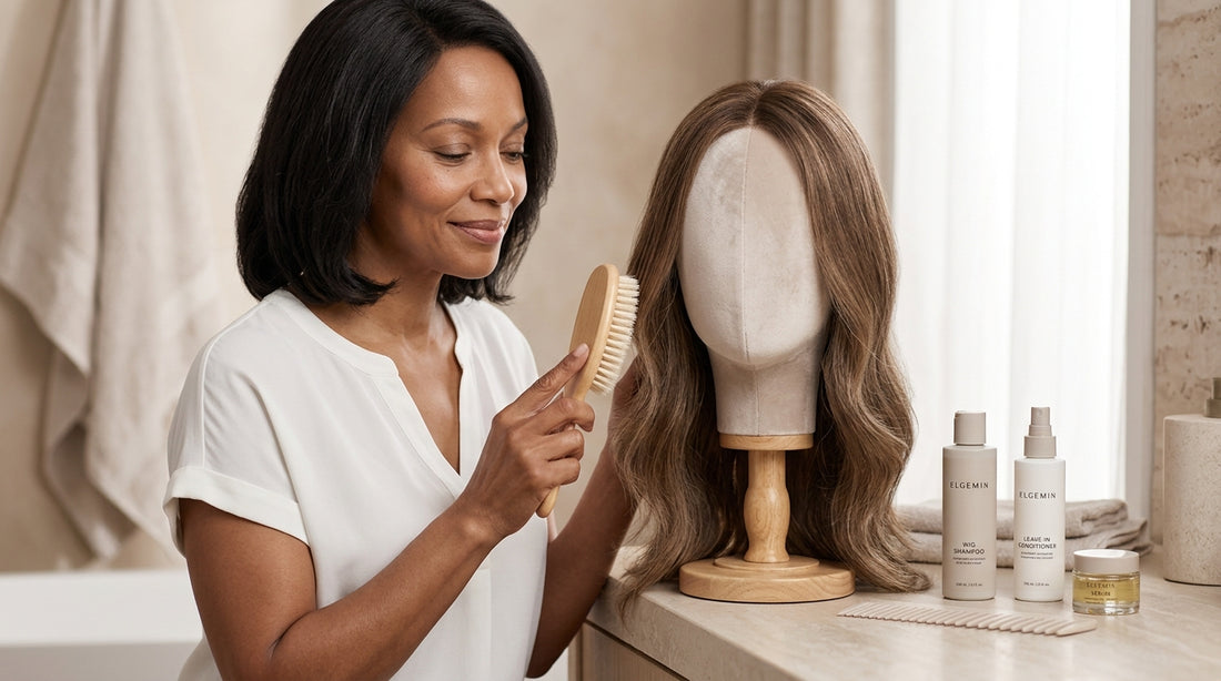 Woman gently caring for a mid-back honey-brown wig on a stand, showing how often to wash a human hair wig.