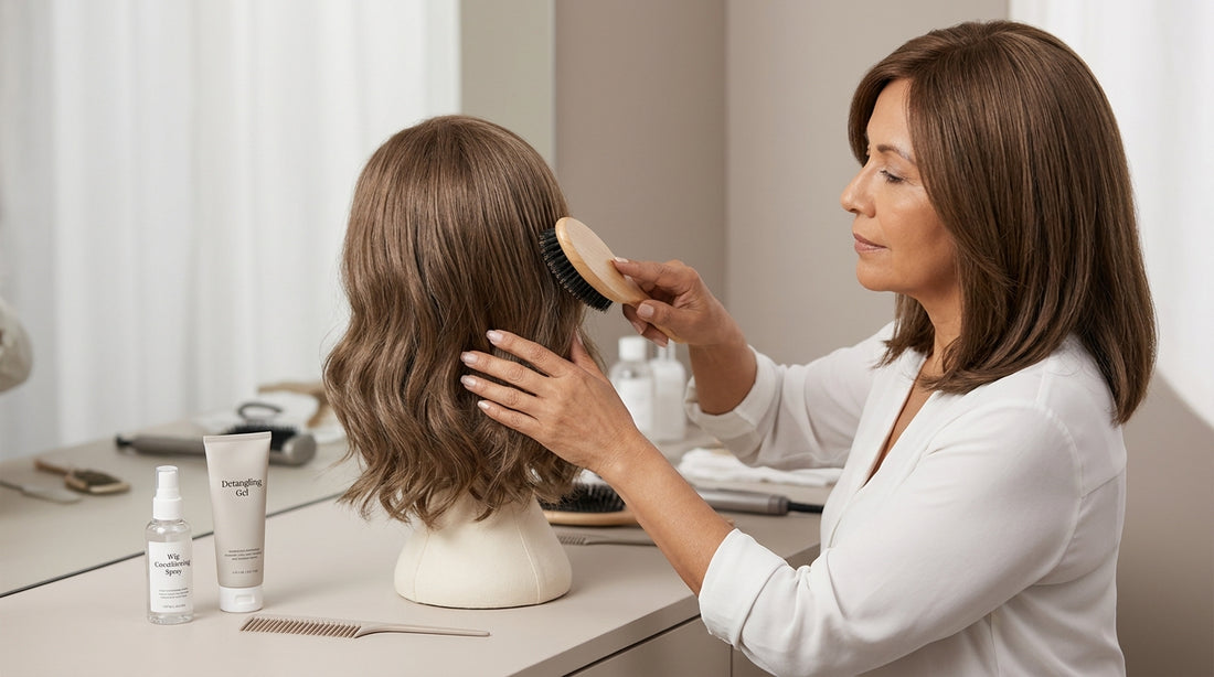 Woman examining the interior of a honey-brown wavy wig on a wig head, learning how to sew a ripped weft back on.