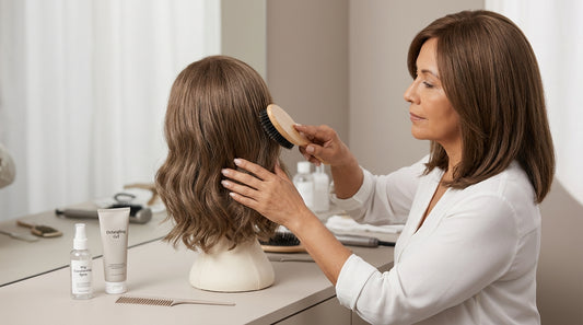 Woman examining the interior of a honey-brown wavy wig on a wig head, learning how to sew a ripped weft back on.