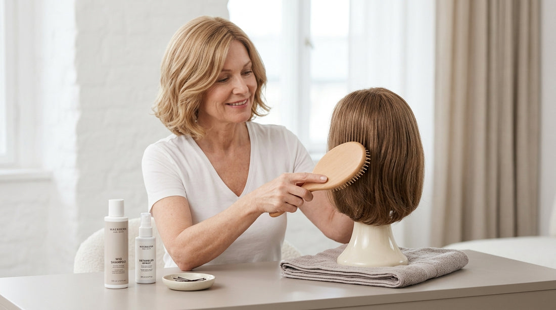 Woman gently washing a long curly brunette wig in cool water — wig care tips for proper wig maintenance at home.