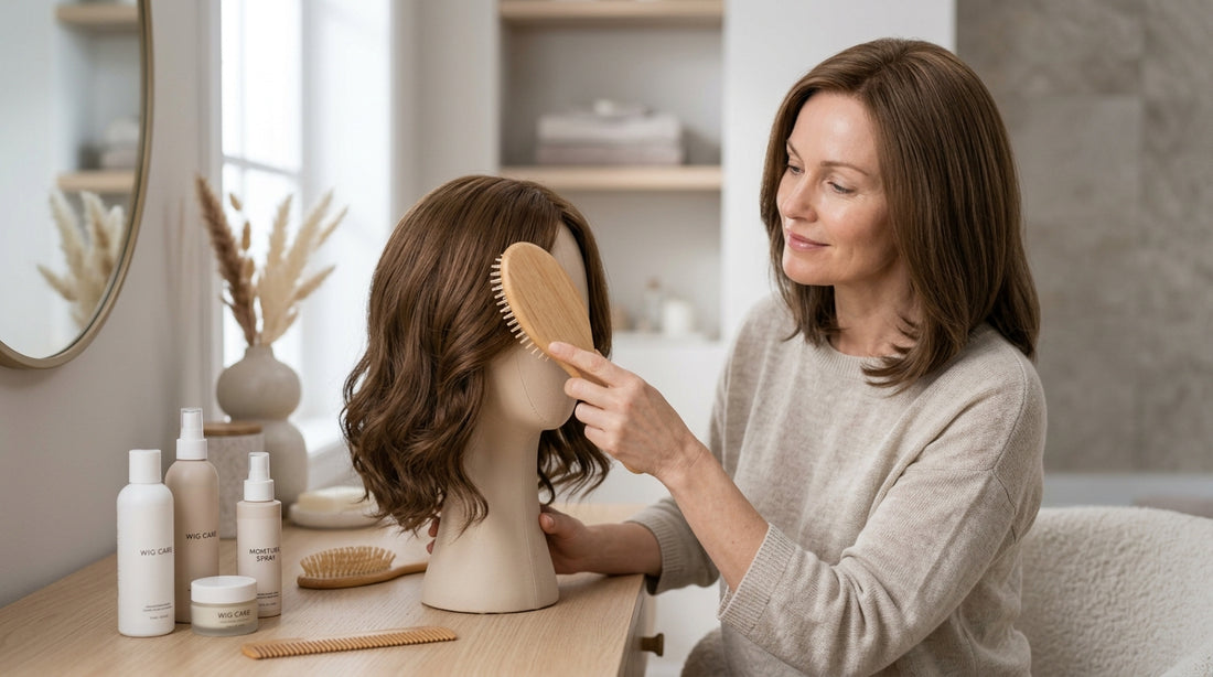 Woman cooking at her stove with her honey-blonde wig tied back — how to cook safely while wearing a wig.