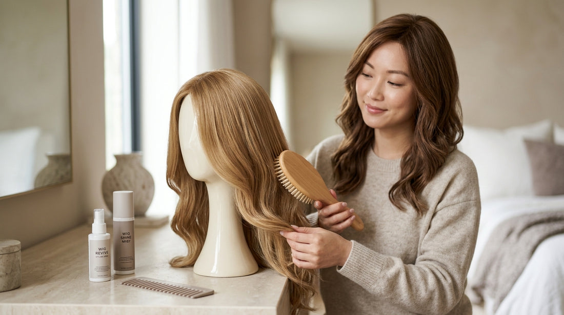 Woman placing a honey blonde wavy wig into a satin bag beside a suitcase to keep it from getting crushed.