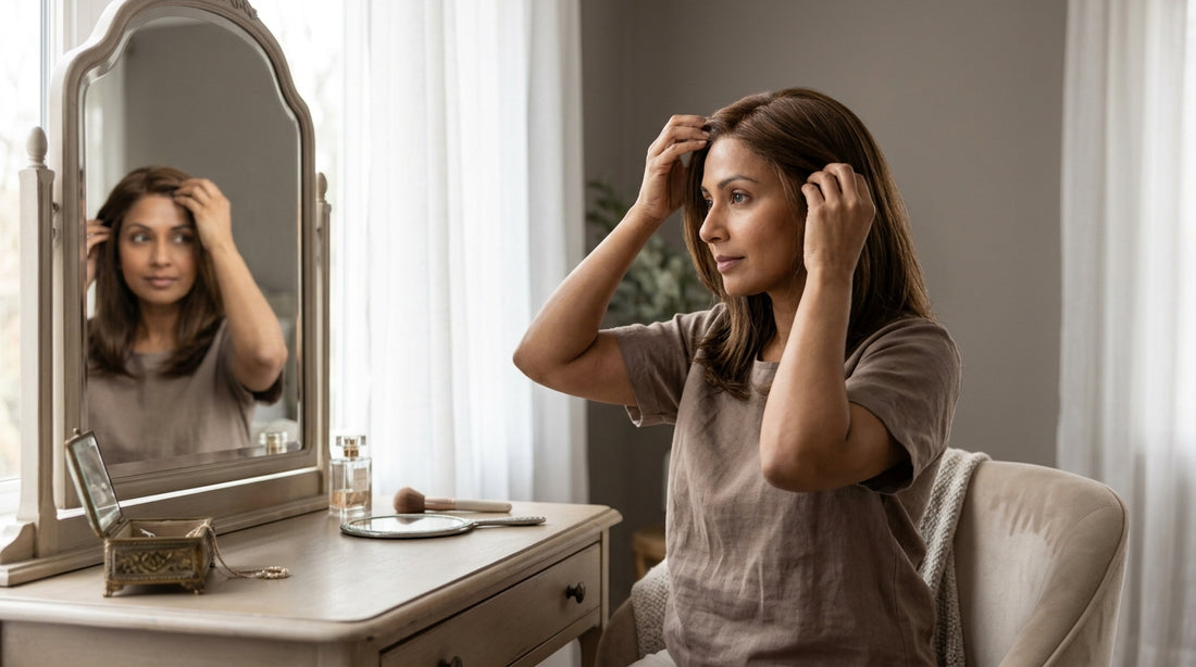 Woman applying a honey-blonde straight hair topper without clips — finding comfortable topper attachment for a sensitive scalp.
