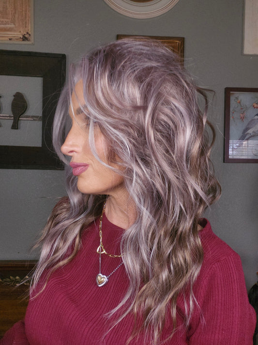 CARKIRA 20"OG Michelle in the Icy Brunette with Pink Highlights 13x4 Lace Front Wig with Medium Cap Unisex Heat Friendly