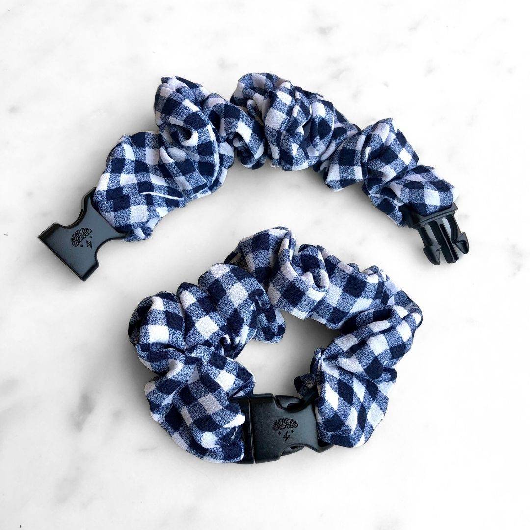 Gingham Navy Buckle Scrunchie - No Snagging, No Tangles
