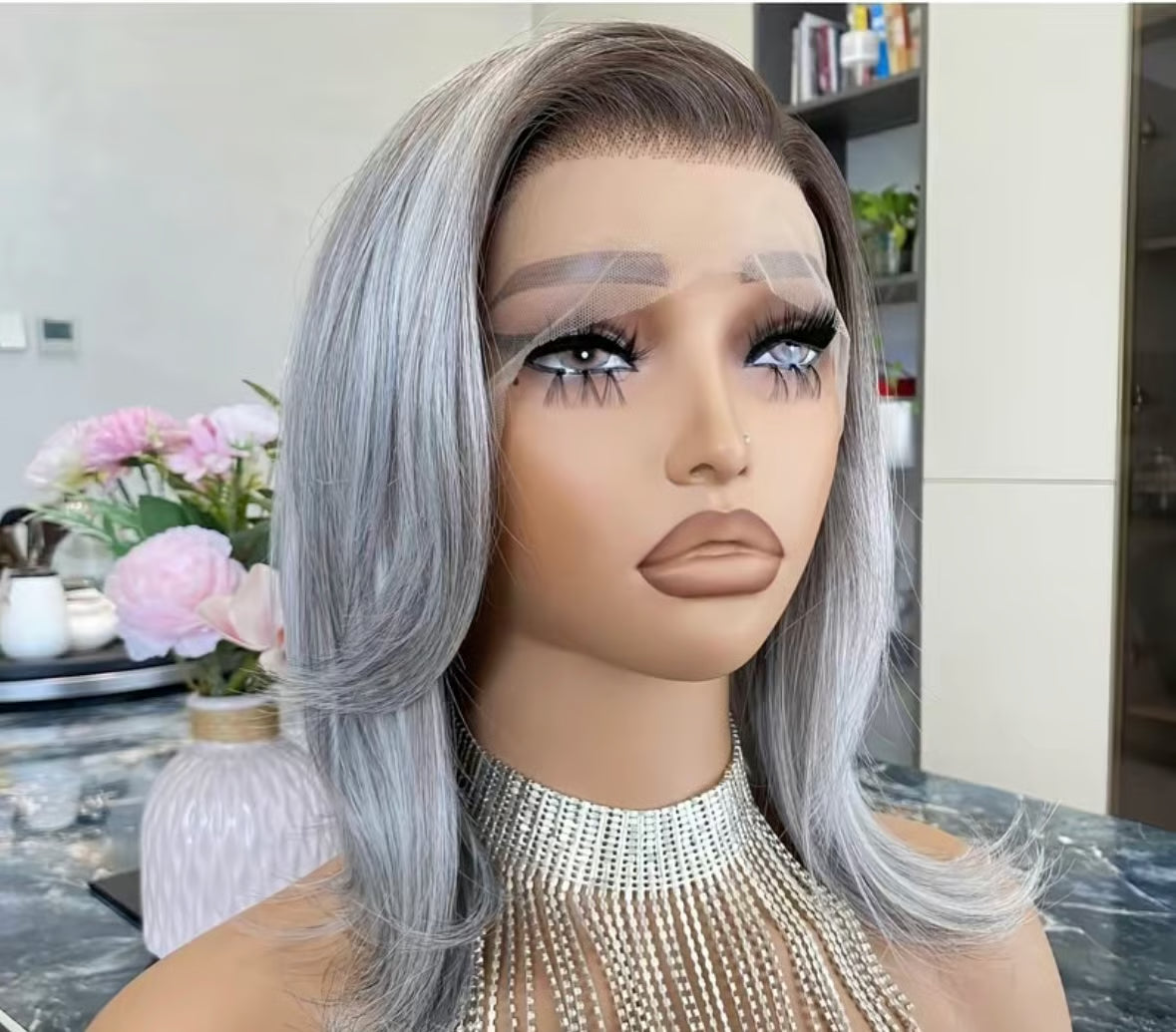 CARKIRA Monica 12" Salt and Pepper 13x4 Lace Front Wig with Medium Cap Unisex Heat Friendly Up to 320°F Natural Looking Soft Smooth Realistic Scalp Hairline