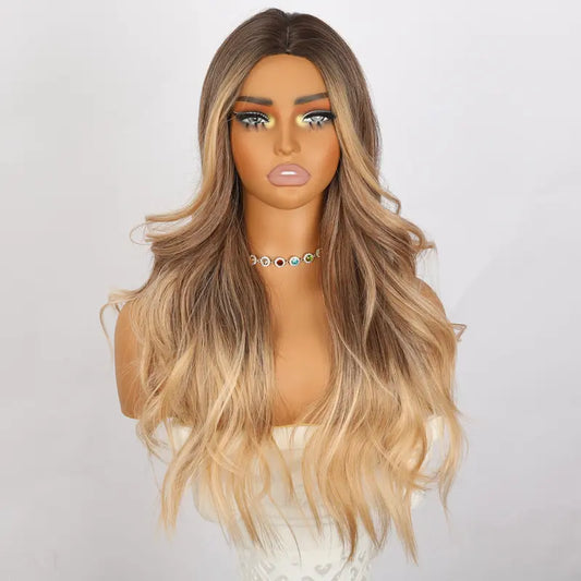 26-Inch Brown Gradient Long Wavy Curly Wig with Bangs Heat Resistant Synthetic
