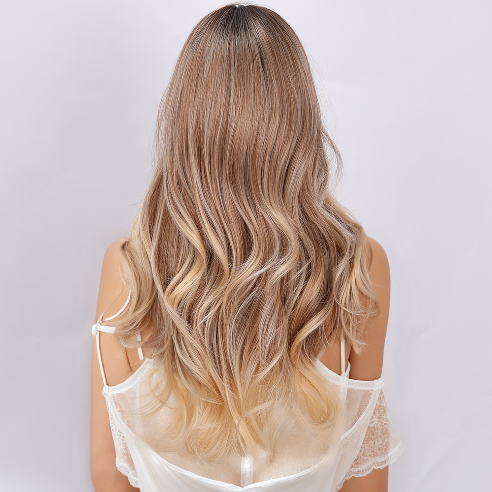 28-inch Brown Gradient Women's Long Wave Wave Split Wig for Daily Party Use Synthetic Heat Resistant Fiber Wig