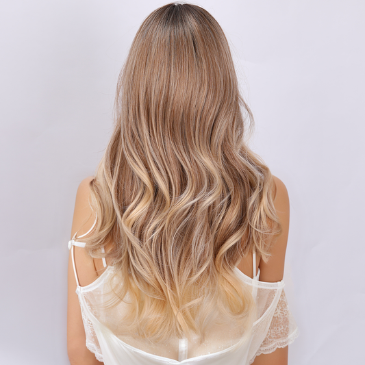 28-inch Brown Gradient Women's Long Wave Wave Split Wig for Daily Party Use Synthetic Heat Resistant Fiber Wig