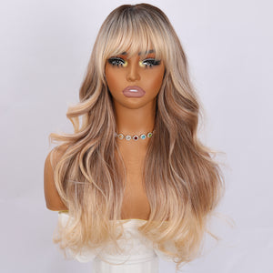28-inch Brown Gradient Women's Long Wave Wave Split Wig for Daily Party Use Synthetic Heat Resistant Fiber Wig