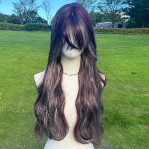 28 Inch Highlight Grey with Burgundy Long Wavy with Bangs Synthetic Wig/SM535-2
