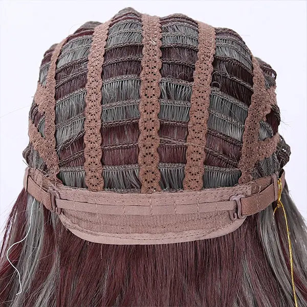 28 Inch Highlight Grey with Burgundy Long Wavy with Bangs Synthetic Wig/SM535-2