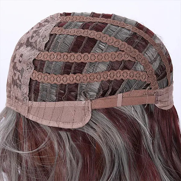 28 Inch Highlight Grey with Burgundy Long Wavy with Bangs Synthetic Wig/SM535-2
