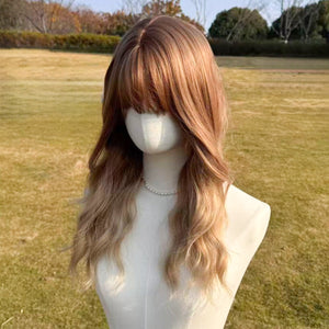 22-Inch Long Wavy Curly Wig Gold Brown Gradient Highlights with Bangs Synthetic