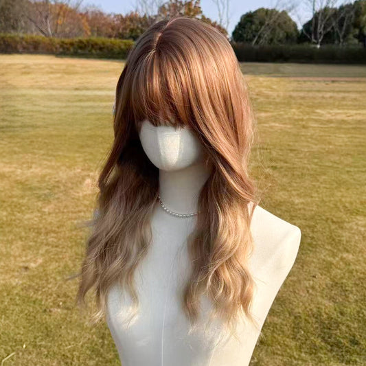 22-Inch Long Wavy Curly Wig Gold Brown Gradient Highlights with Bangs Synthetic