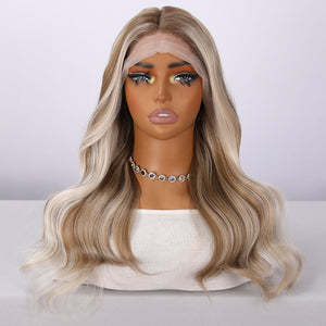 26-Inch Lace Front Wig Brown Gradient Highlights Body Wave Synthetic Glueless