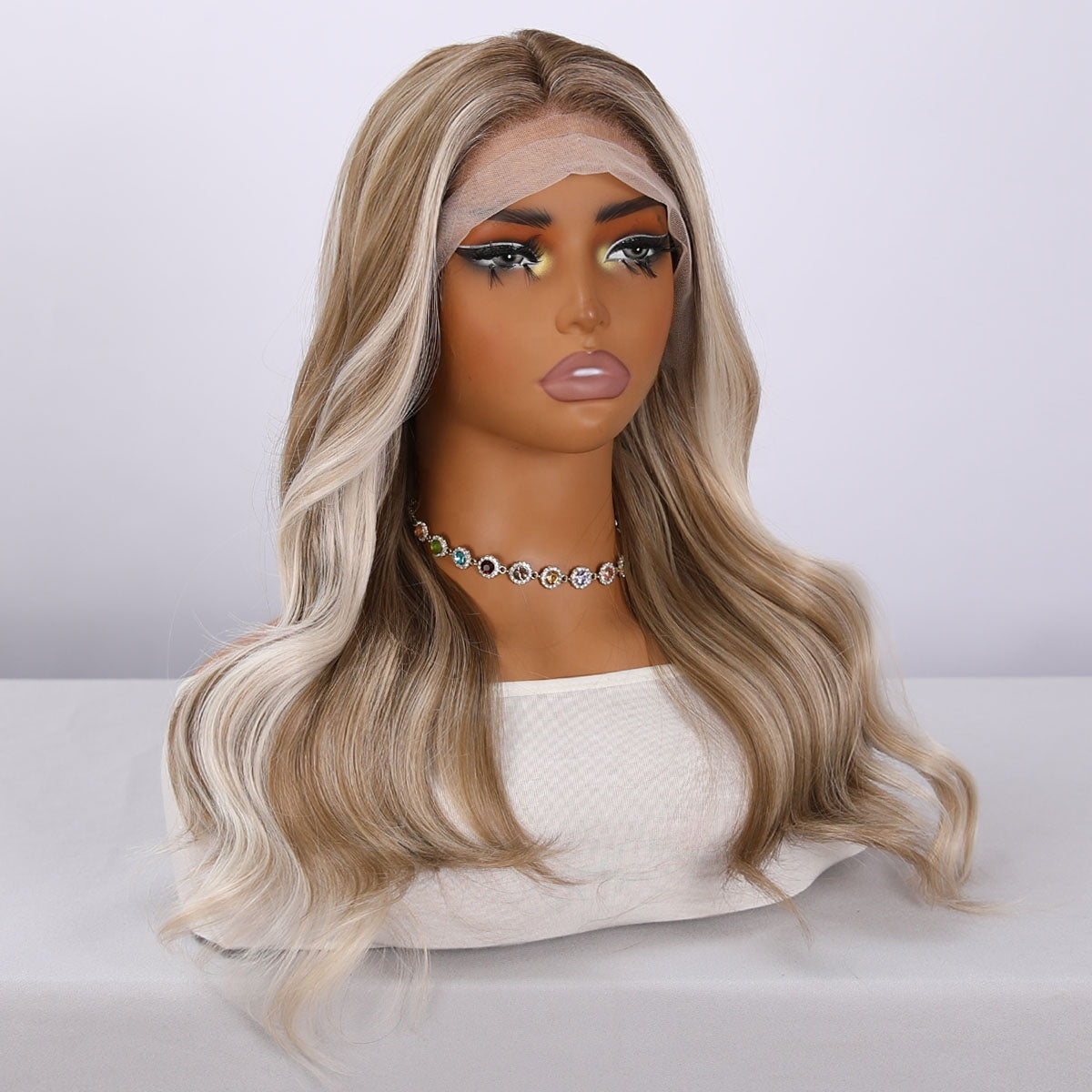 26-Inch Lace Front Wig Brown Gradient Highlights Body Wave Synthetic Glueless