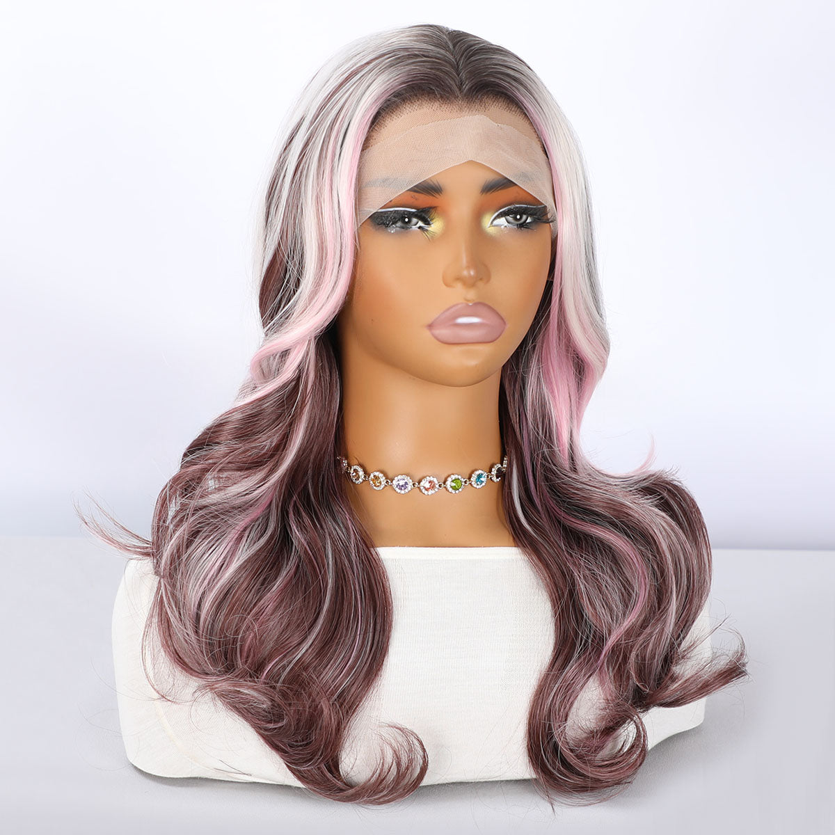 22-Inch Curly Wig Pink and Platinum Highlights Lace Front Glueless Synthetic
