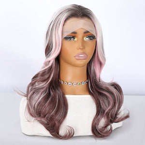 22-Inch Curly Wig Pink and Platinum Highlights Lace Front Glueless Synthetic