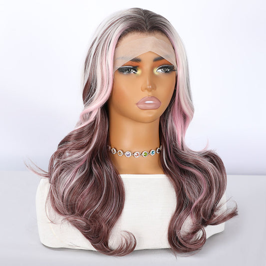 22-Inch Curly Wig Pink and Platinum Highlights Lace Front Glueless Synthetic