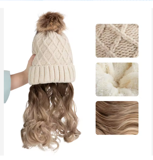 ❄️ Cozy Knit Beanie with Built-In Hair | Removable Pom Pom | Winter Wig Hat - Fits 19.5" - 23" - Brunette to Copper